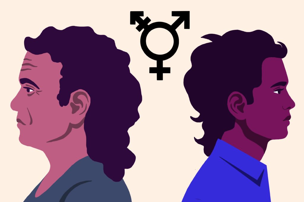 Two androgynous people face away from each other. One has longer curly hair and appears older. The other has shorter hair and appears younger. A black transgender symbol sits between them.